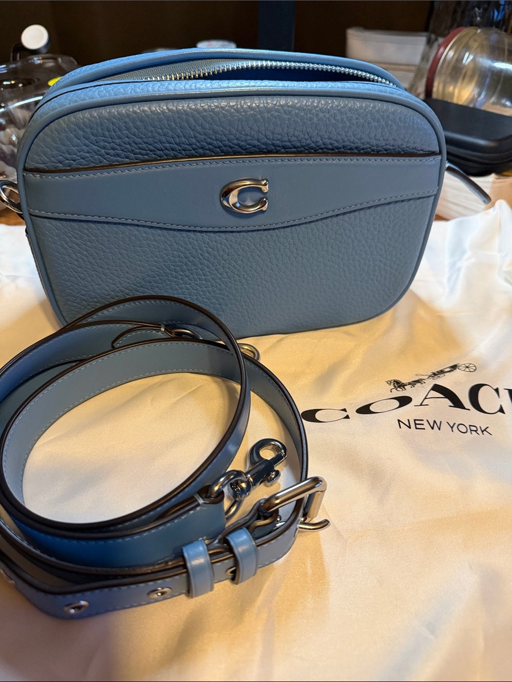 Coach Powder Blue Pebbled Leather Crossbody Camera Bag